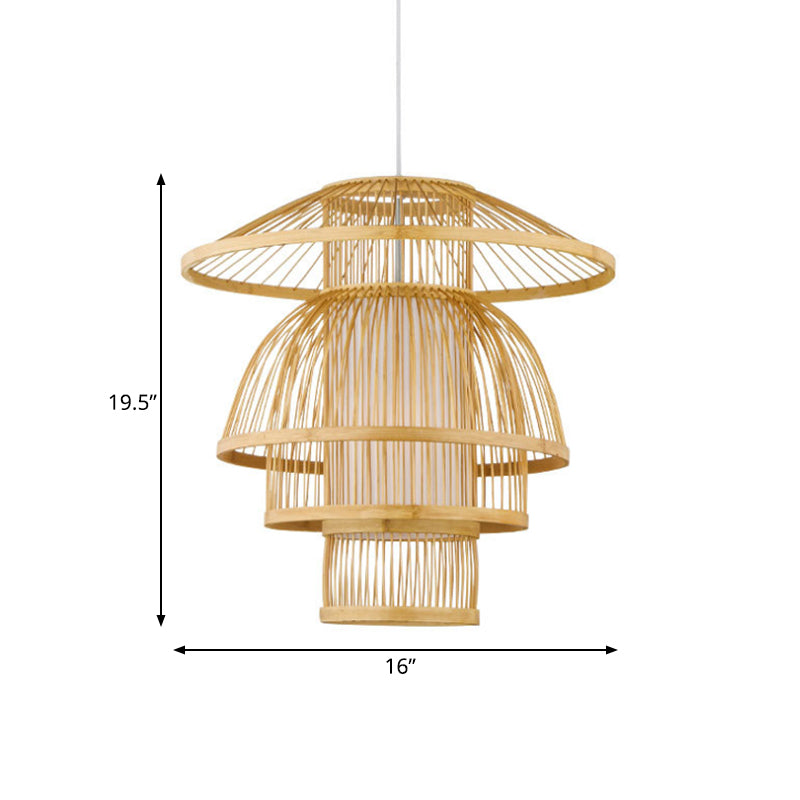 Tiered Dining Room Pendant Lighting Bamboo 1-Light Asian Stylish Hanging Lamp in Beige