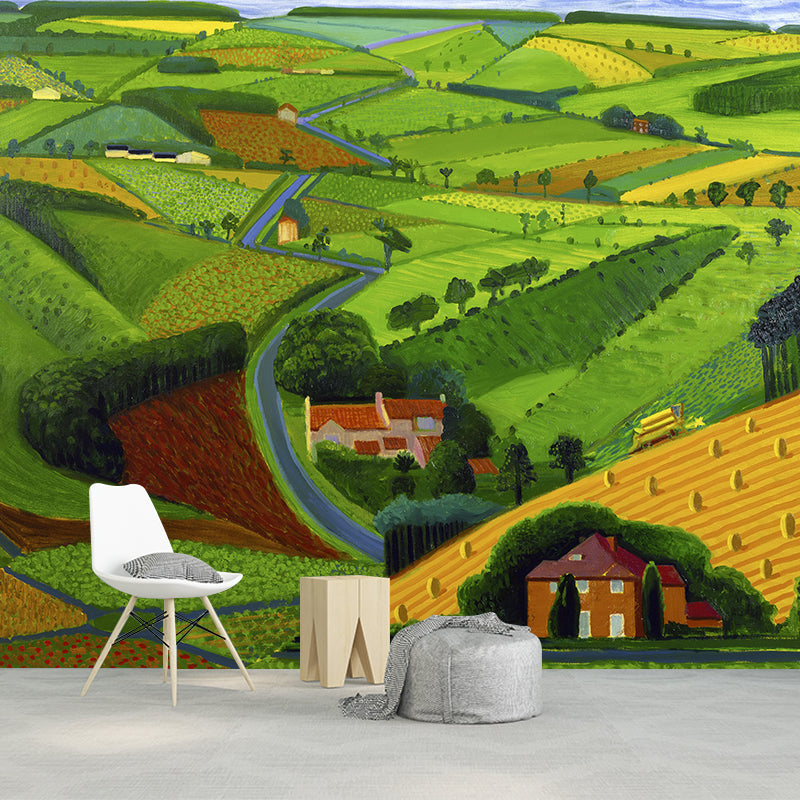 Village Landscape Overview Murals in Yellow-Green Modern Art Wall Decor for Living Room