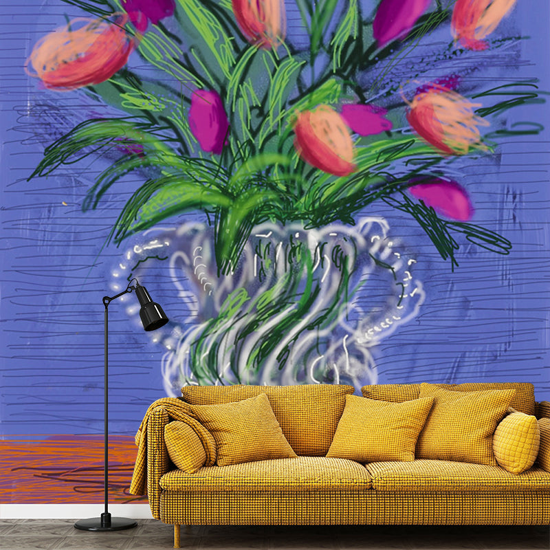 Still Life Tulip Flowers Mural Modern Art Non-Woven Fabric Wall Covering in Purple-Green