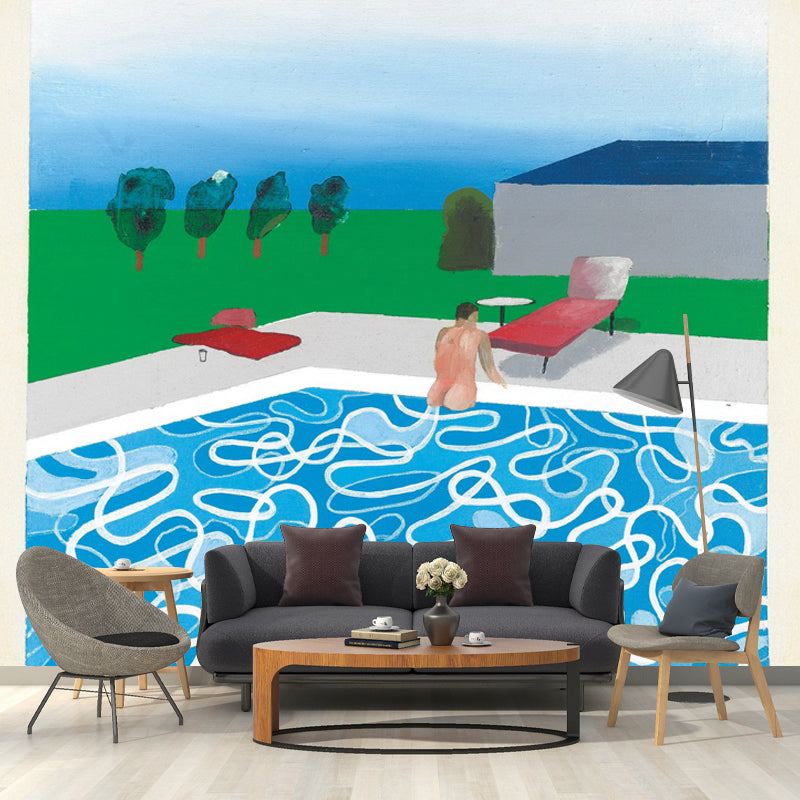 Blue-Green Pop Art Mural Decal Full-Size Pool Painting Wall Covering for Bedroom