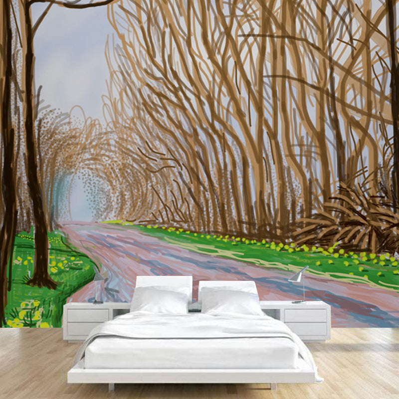 Brown Roadside Leafless Trees Mural Waterproof Artistic Living Room Wall Decoration