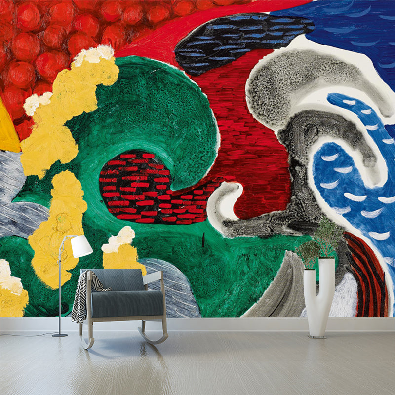 Art Deco the Wave Mural Non-Woven Waterproof Red-Yellow-Blue-Green Wall Covering for Home