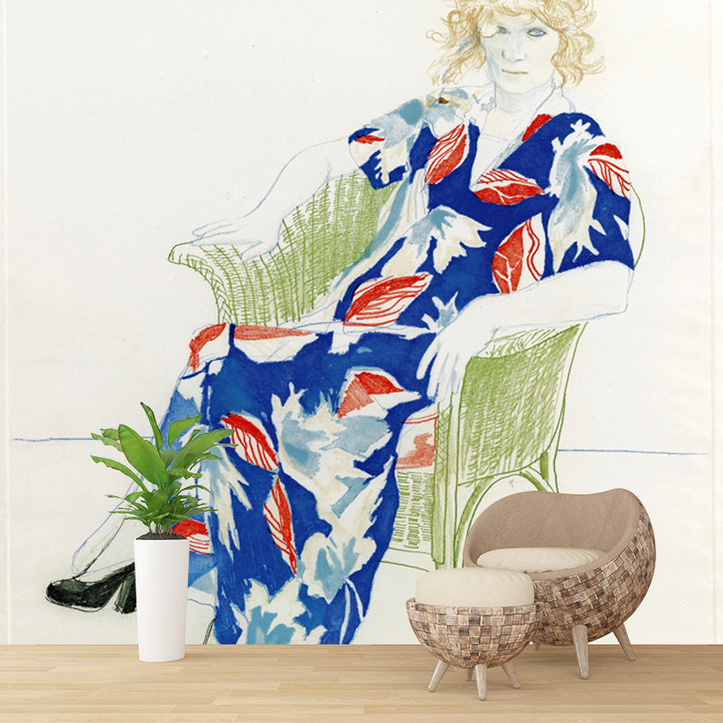 Hockney Woman Portrait Mural Decal in Red-Blue Artistry Wall Decoration for Bedroom