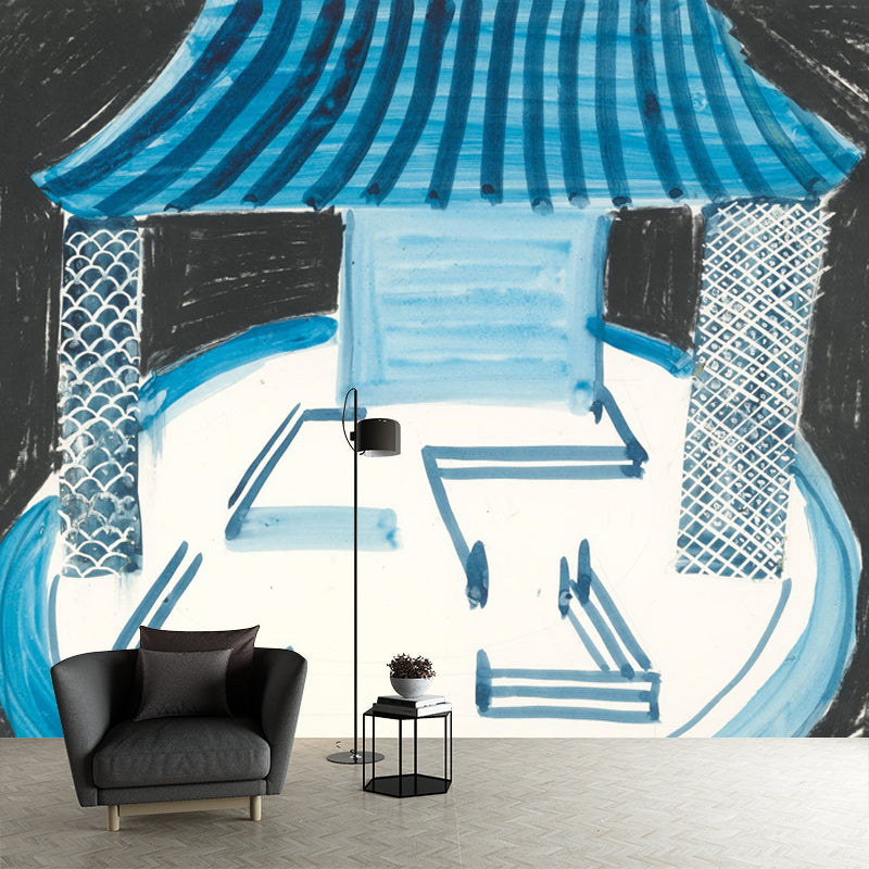 Illustration Asian Temple Mural Wallpaper for Living Room, Blue-White, Made to Measure