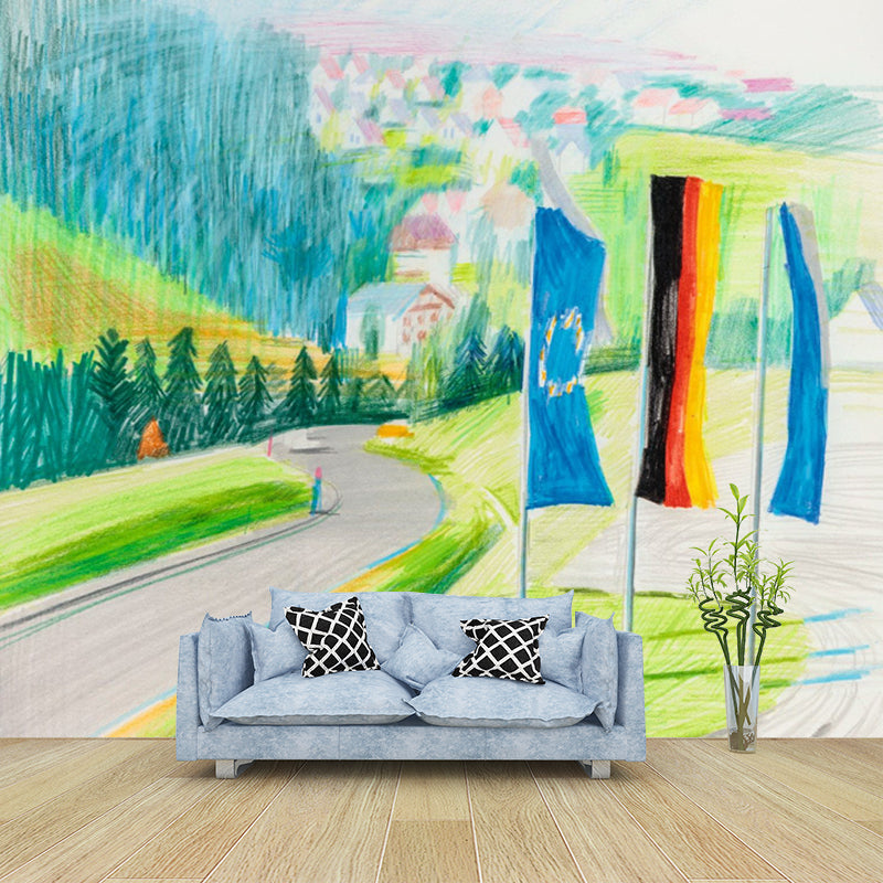 Scenery Roadside Flags Wall Mural Modern Art Non-Woven Wall Decoration in Blue-Green