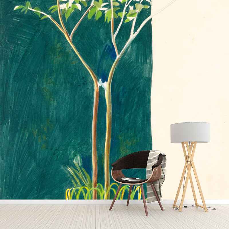 Blue-Green Small Tree Murals Wallpaper Waterproofing Wall Covering on Yellow for Bedroom