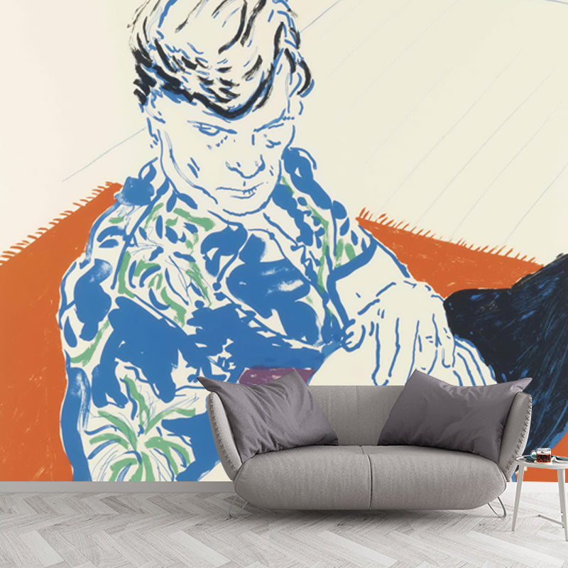 Man in Hawaiian Shirt Mural Orange and Blue Pop Art Wall Decoration for Living Room