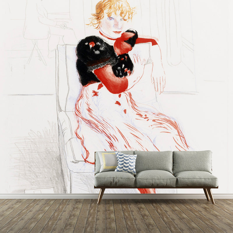 Little Girl Portrait Mural Decal in Black-Red Art Deco Wall Covering for Bedroom