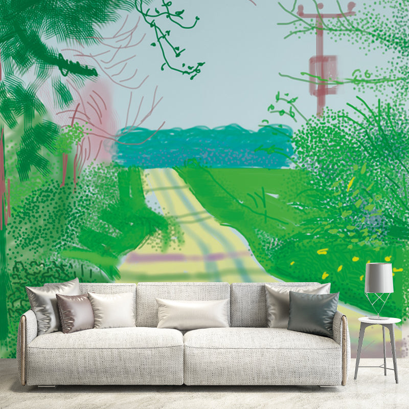 Modern Art Spring Path Mural in Yellow-Green Washable Wall Decor for Home Gallery