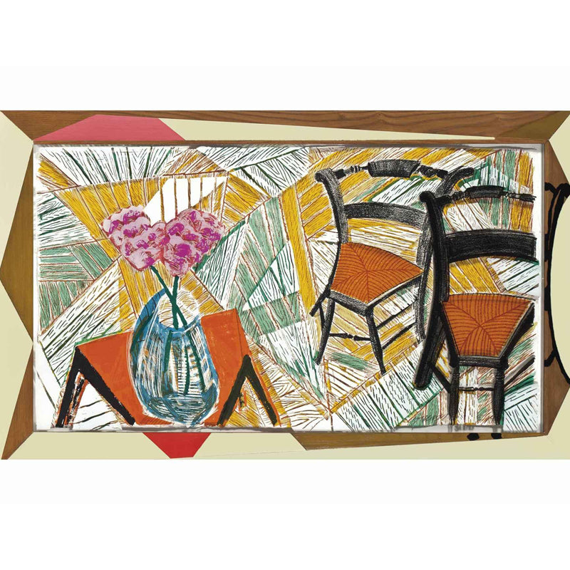Flower and Two Chairs Murals in Orange-Yellow Art Deco Wall Covering for Living Room