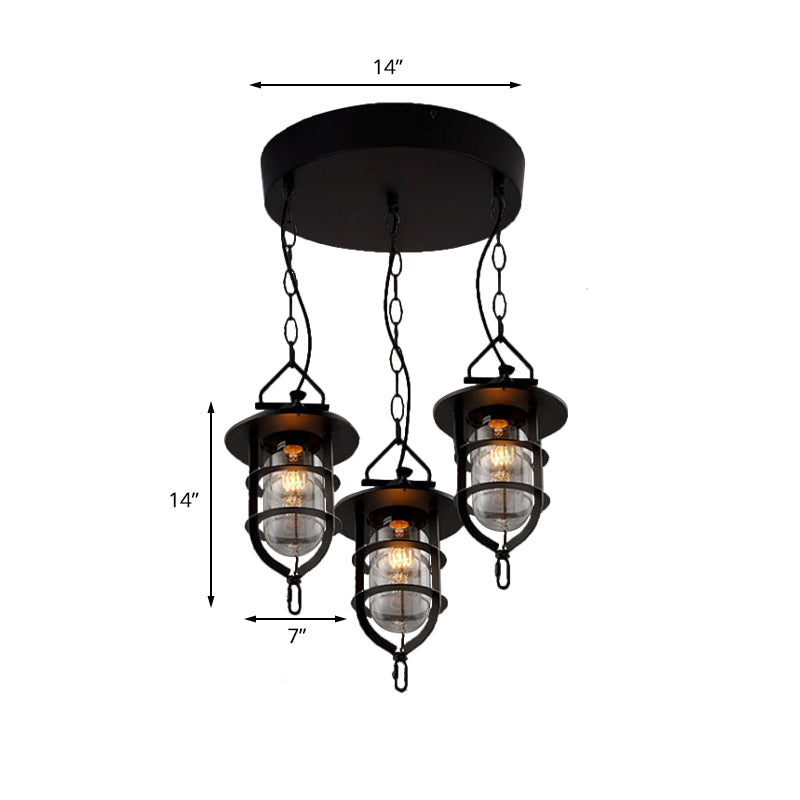 Geklaagd Clear Glass Multi Pendant Vintage 3-Light woonkamer Hangende lamp in het zwart met ronde luifel