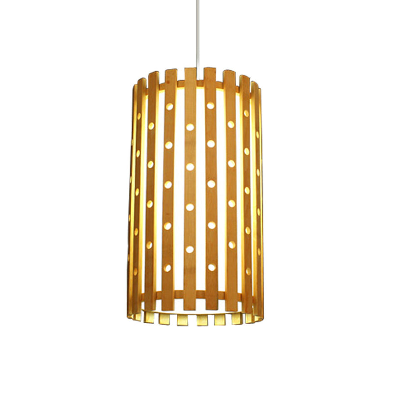 Cylinder Ceiling Light Modern Hollow Bamboo Single Bulb Hanging Lamp in Beige for Living Room