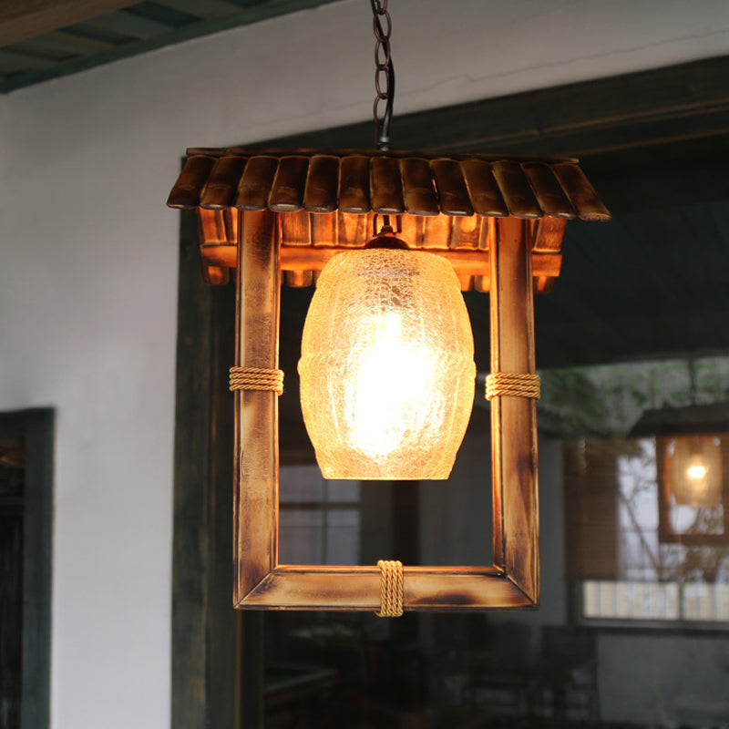 Rectangle Hanging Ceiling Light Rustic Bamboo 1 Bulb Foyer Pendant Lamp with Crackle Glass Shade in Beige