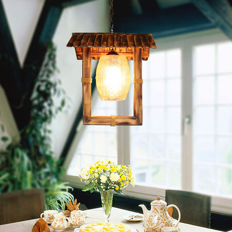 Rectangle Hanging Ceiling Light Rustic Bamboo 1 Bulb Foyer Pendant Lamp with Crackle Glass Shade in Beige