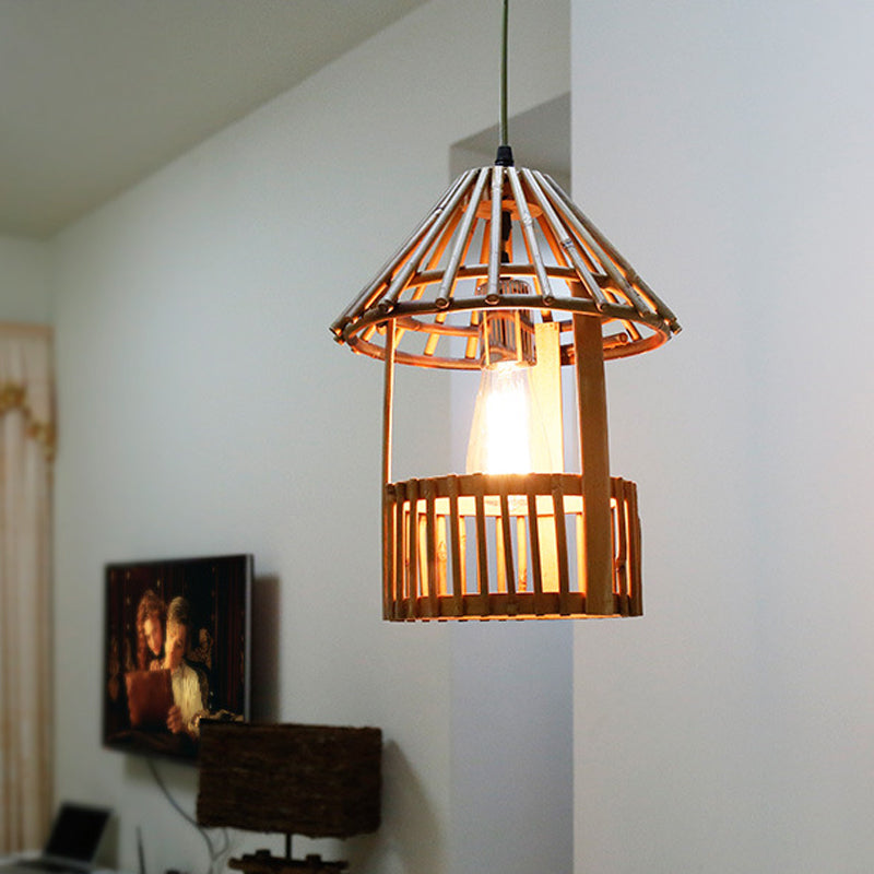 Small Pavilion Shaped Hanging Lamp Asian Style Bamboo 1-Light Dining Room Suspension Pendant in Natural Wood