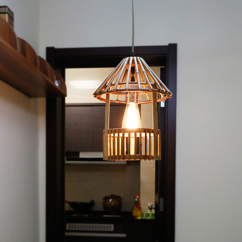 Small Pavilion Shaped Hanging Lamp Asian Style Bamboo 1-Light Dining Room Suspension Pendant in Natural Wood