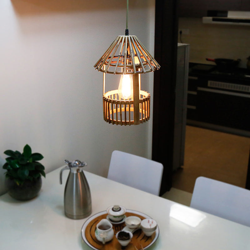 Small Pavilion Shaped Hanging Lamp Asian Style Bamboo 1-Light Dining Room Suspension Pendant in Natural Wood