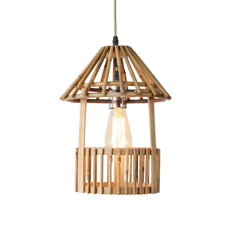 Small Pavilion Shaped Hanging Lamp Asian Style Bamboo 1-Light Dining Room Suspension Pendant in Natural Wood