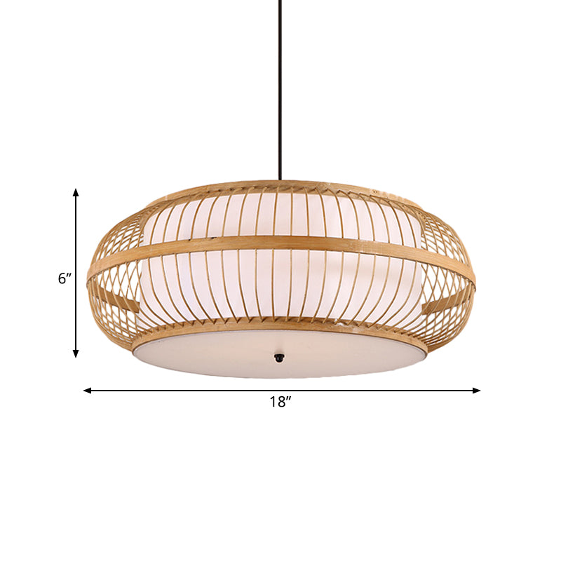 Beige Drum Pendant Lighting Asian Style 1 Light Bamboo Hanging Ceiling Light for Dining Room, 18"/21.5" Diameter