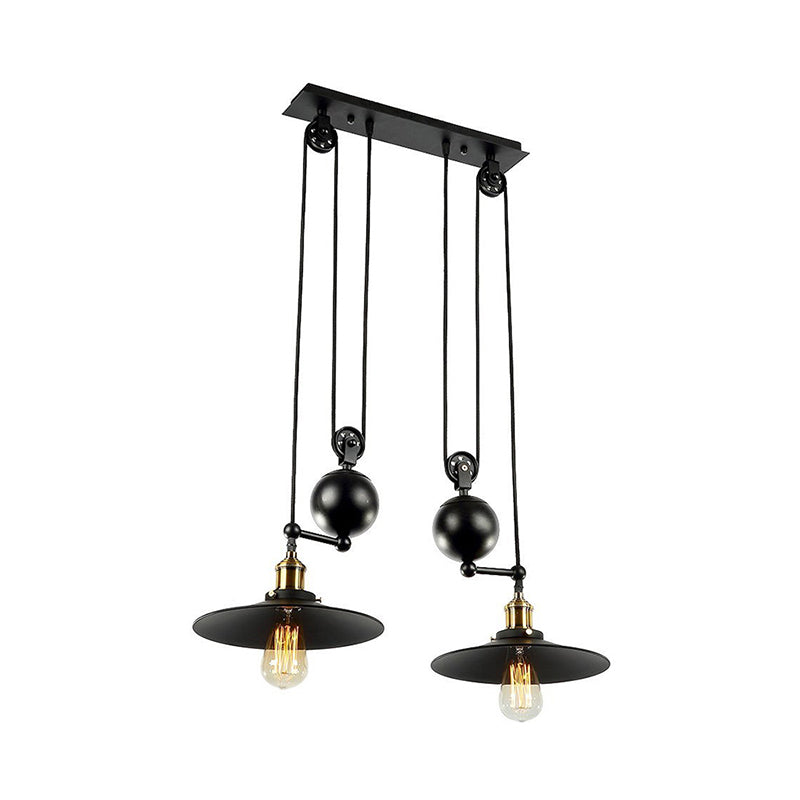 Flared Shade Metal Pendant Lighting Industrial 2 Lights Warehouse Ceiling Light Fixture with Pulley in Black