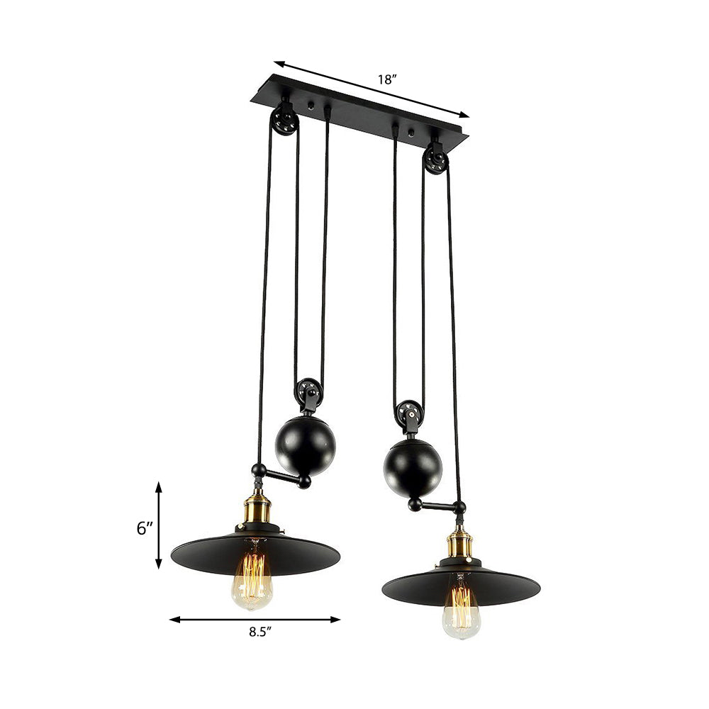 Flared Shade Metal Pendant Lighting Industrial 2 Lights Warehouse Ceiling Light Fixture with Pulley in Black