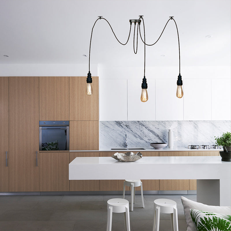 2/3/6 Lights Exposed Hanging Lamp with Swag Design Industrial Style Black Metal Pendant Light for Kitchen