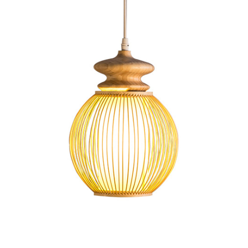 Bamboo Global Shade suspendu lampe asiatique style 1 plafonnier lumineux avec capuchon en bois en beige, 9 "/ 12" dia