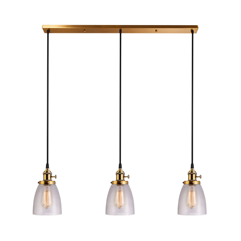 3-Light Multi Pendant Tapered Clear Glass Industrial Dining Room Hanging Light Fixture in Aged Brass