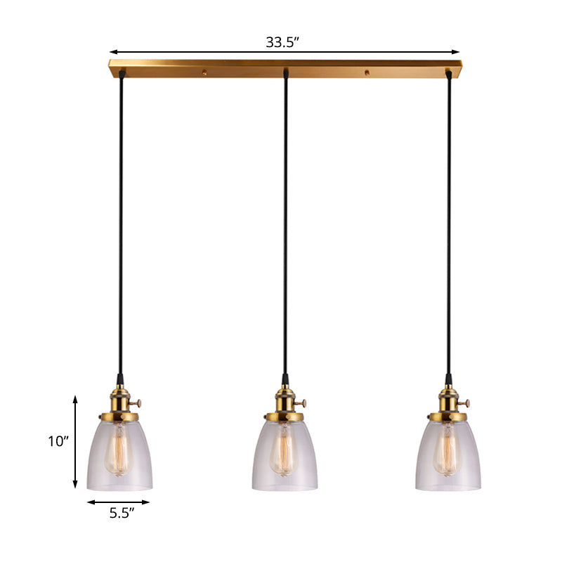 3-Light Multi Pendant Tapered Clear Glass Industrial Dining Room Hanging Light Fixture in Aged Brass