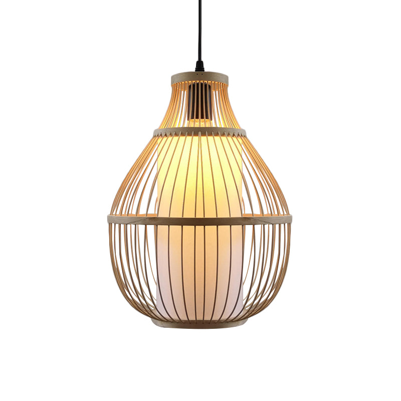 Teardrop Hanging Lamp Lodge Style Bamboo 1 Head Beige Pendant Lighting with Inner Cylinder Paper Shade