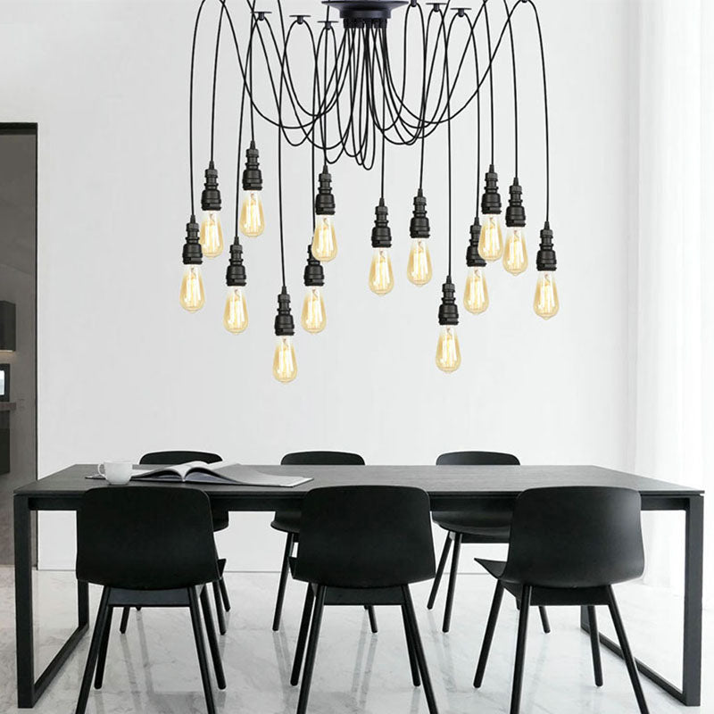 Industrial Style Swag Hanging Lamp 2/3 Heads Metal Pendant Ceiling Light with Exposed Bulb in Black Finish