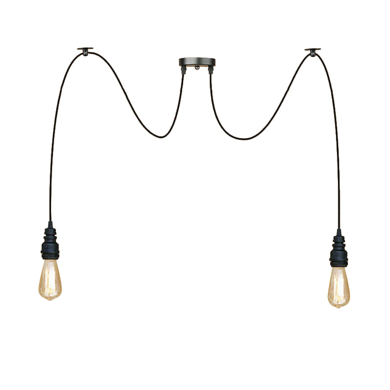 Industrial Style Swag Hanging Lamp 2/3 Heads Metal Pendant Ceiling Light with Exposed Bulb in Black Finish