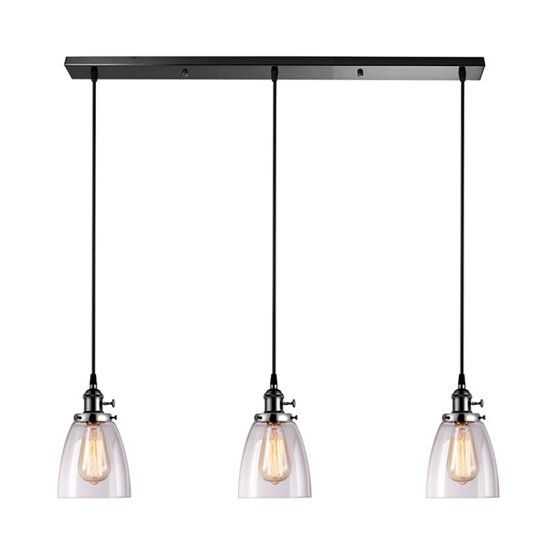 3 Lights Multi Pendant with Cone Shade Ribbed Clear Glass Farmhouse Dining Room Hanging Light Fixture, Linear Canopy