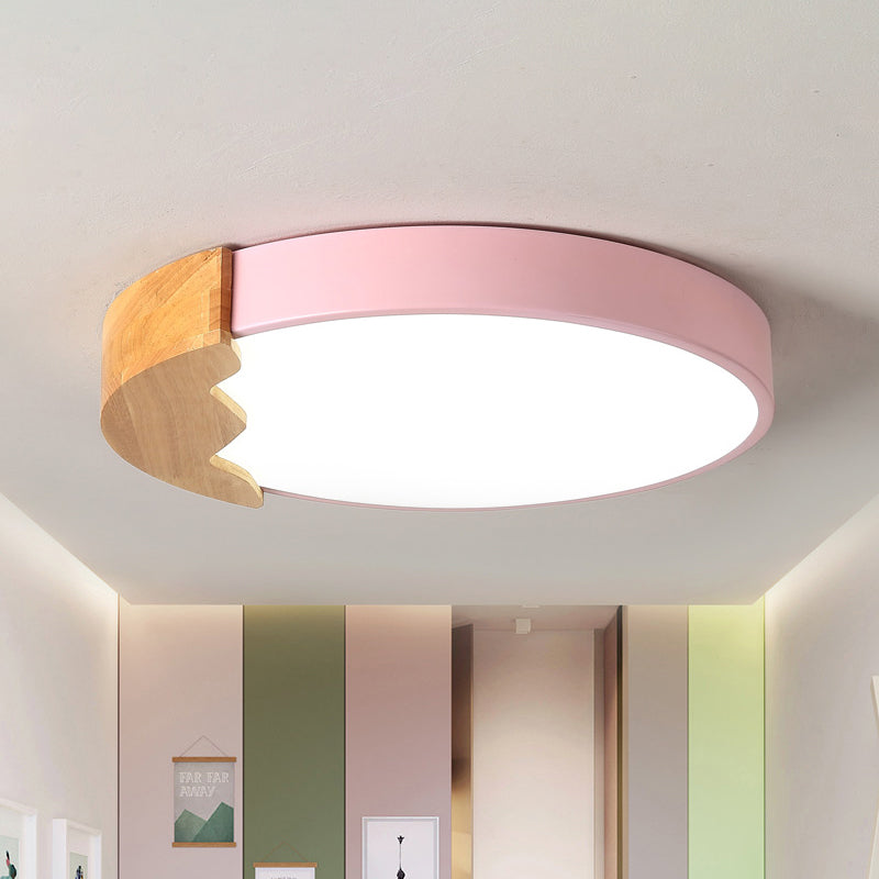 Circle Close to Ceiling Lamp Macaroon Metal LED Pink Flush Mount Lighting in Warm/White Light, 12"/16"/19.5" W