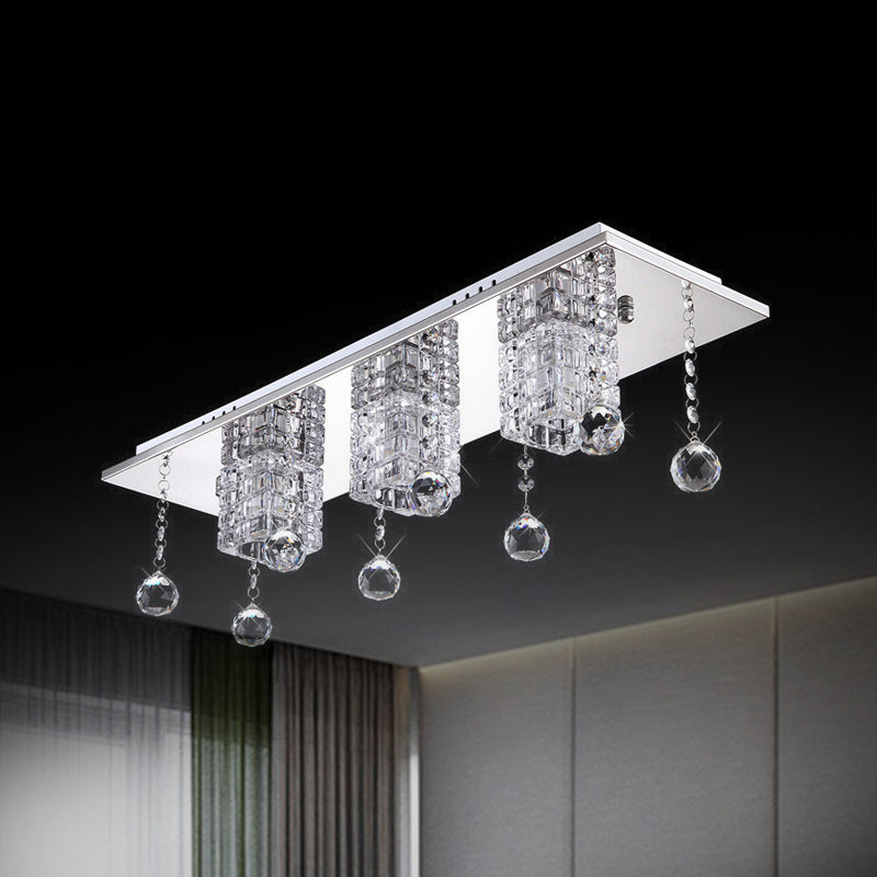 Clear Crystal Shade Nickel Flushmount Cube 3 Heads Modern Ceiling Lamp with Orbs Draping in White / Warm Light