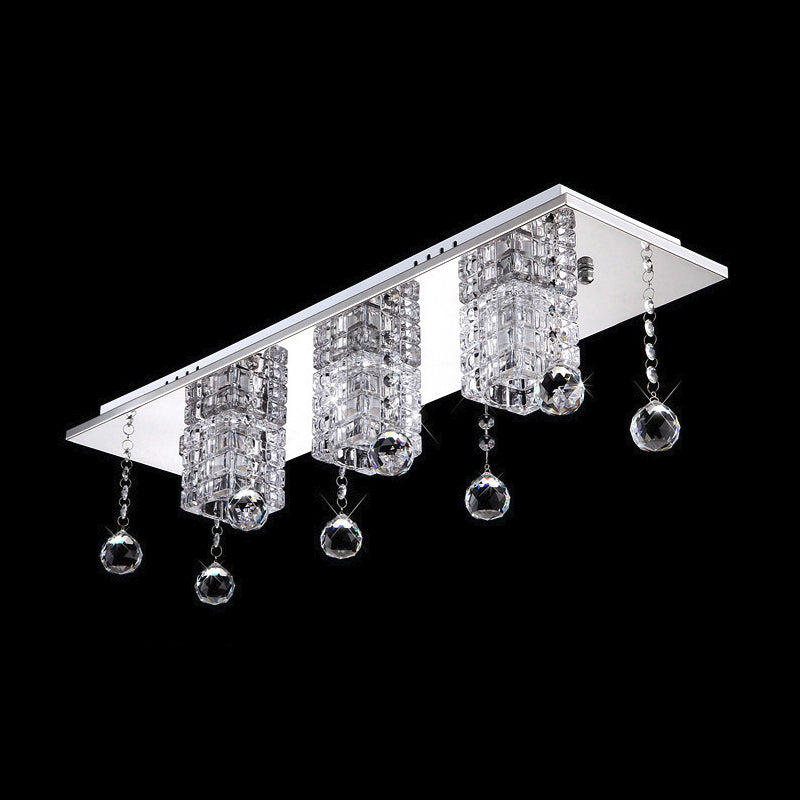 Clear Crystal Shade Nickel Flushmount Cube 3 Heads Modern Ceiling Lamp with Orbs Draping in White / Warm Light