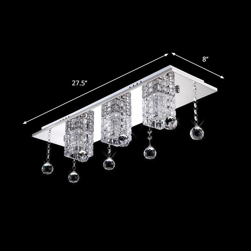 Clear Crystal Shade Nickel Flushmount Cube 3 Heads Modern Ceiling Lamp with Orbs Draping in White/Warm Light