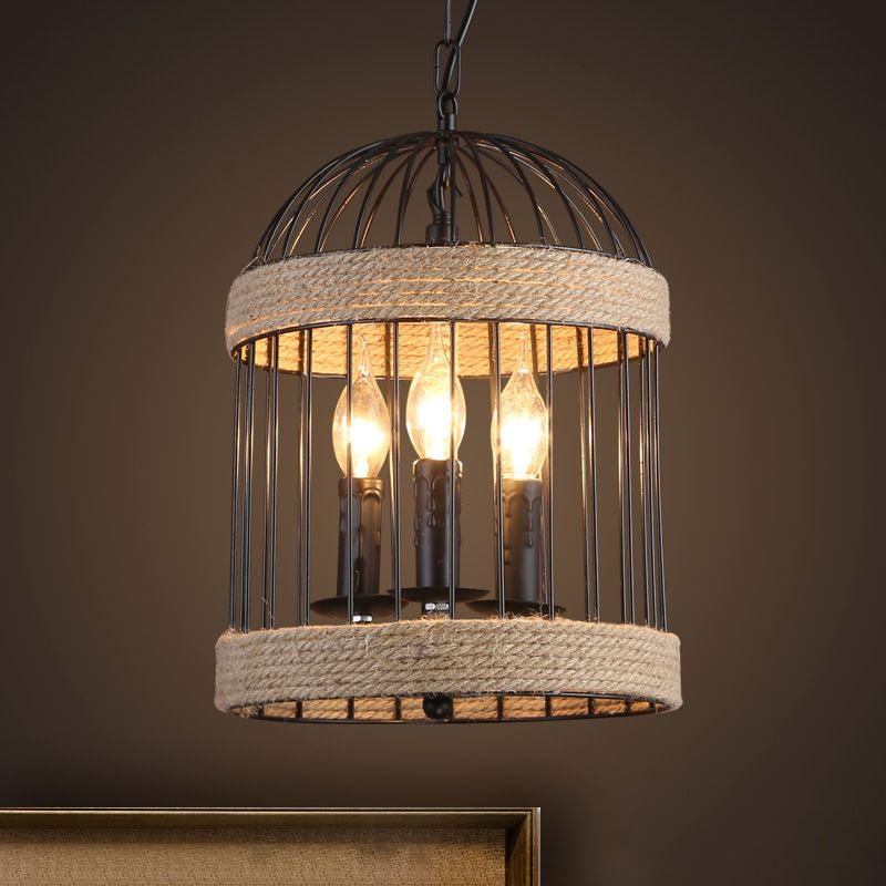 3 bollen vogelcage plafondlicht vintage zwarte afwerking metaal en touwhangende lamp met ketting voor eetkamer