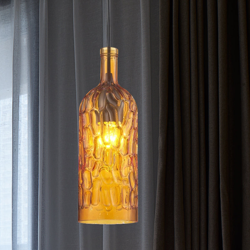 Dimpled Glass Bottle Shade Hanging Fixture Vintage Style 1 Light Living Room Pendant Light in Yellow/Brown