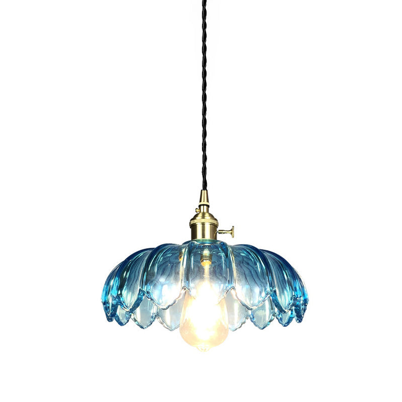 Scalloped Pendant Light Industrial 8"/10"/12" Wide 1 Light Blue Glass Hanging Lamp in Brass with Ribbed Cover