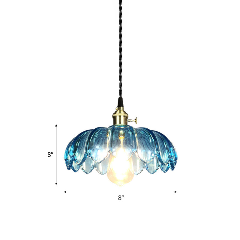 Scalloped Pendant Light Industrial 8"/10"/12" Wide 1 Light Blue Glass Hanging Lamp in Brass with Ribbed Cover