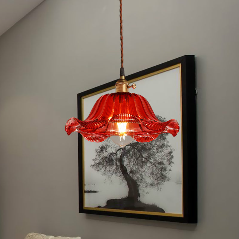 Scalloped Pendant Light Industrial 1 Light 8"/10"/12" Wide Red Glass Hanging Lamp for Living Room