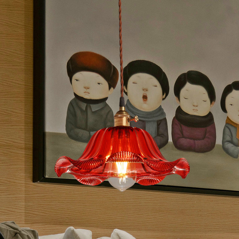 Scalloped Pendant Light Industrial 1 Light 8"/10"/12" Wide Red Glass Hanging Lamp for Living Room