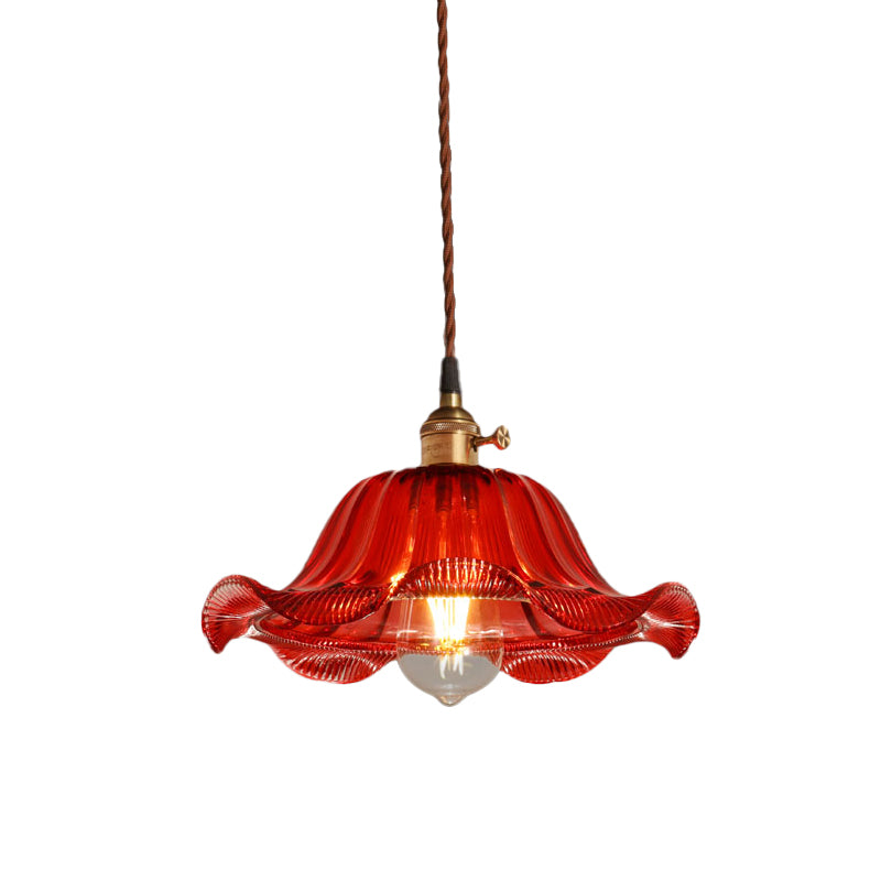 Scalloped Pendant Light Industrial 1 Light 8"/10"/12" Wide Red Glass Hanging Lamp for Living Room