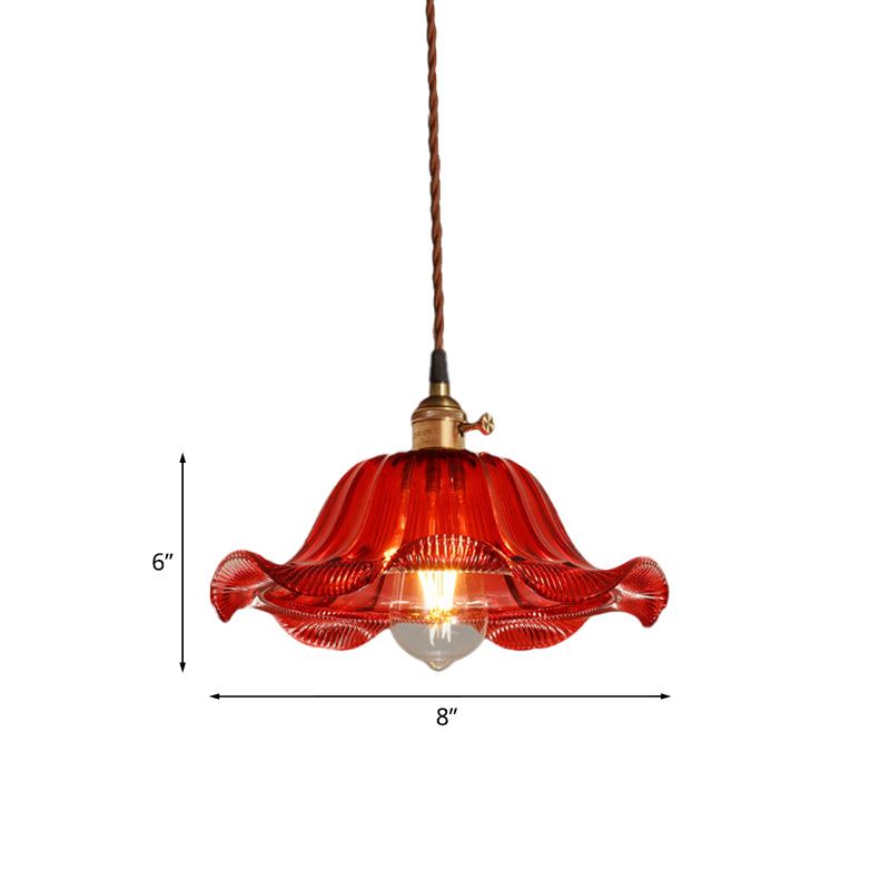 Scalloped Pendant Light Industrial 1 Light 8"/10"/12" Wide Red Glass Hanging Lamp for Living Room