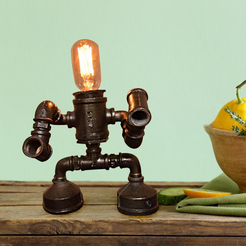 Exposed Bulb Restaurant Table Light with Robot Design Steampunk Metal 1 Light Black Table Lamp