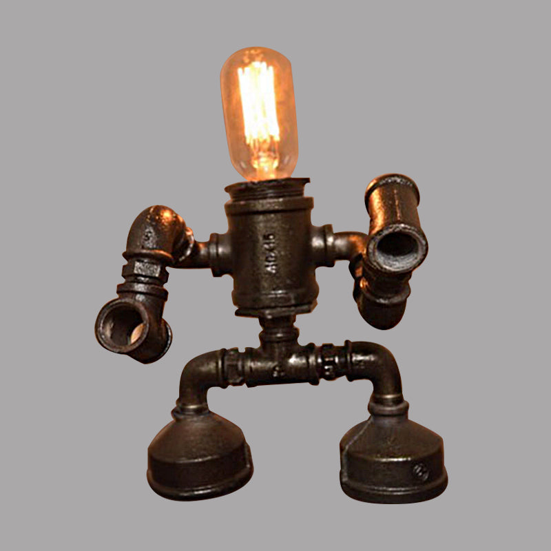 Exposed Bulb Restaurant Table Light with Robot Design Steampunk Metal 1 Light Black Table Lamp