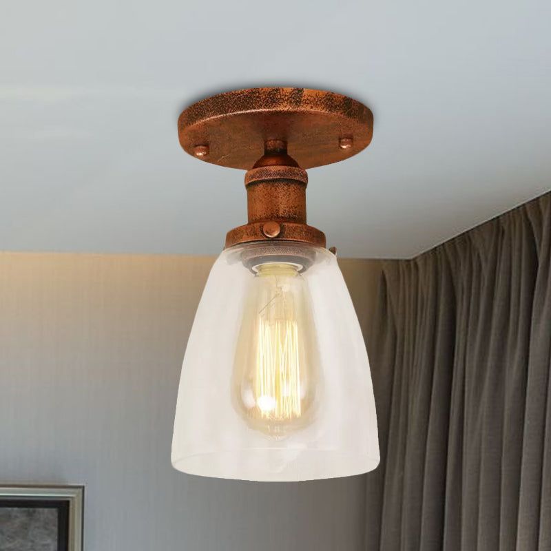 Brass/Copper/Rust One Light Ceiling Mount Industrial Clear Glass Conical Semi Flush Light for Foyer