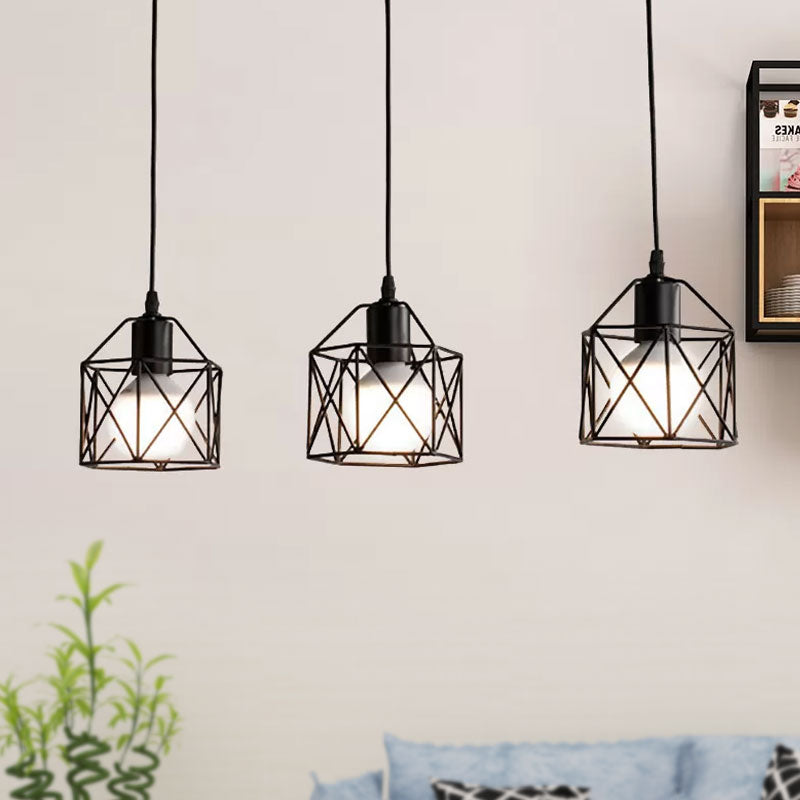 Hexagon Kitchen Ceiling Fixture with Wire Cage Farmhouse Style Metallic 3 Bulbs Black Finish Pendant Light