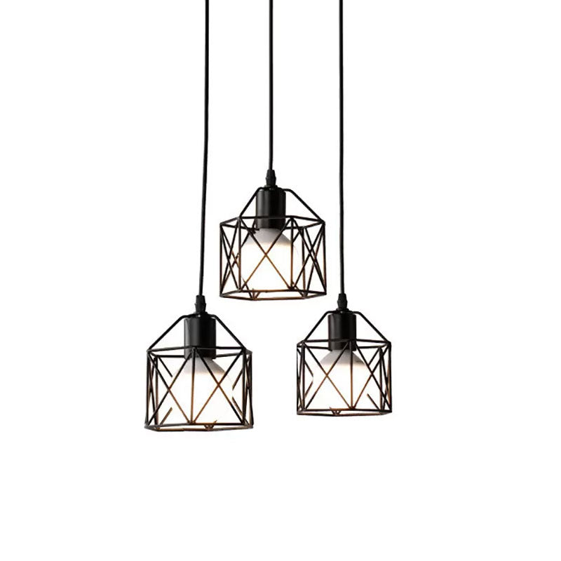 Hexagon Kitchen Ceiling Fixture with Wire Cage Farmhouse Style Metallic 3 Bulbs Black Finish Pendant Light